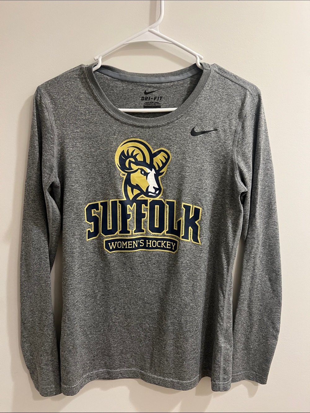 Nike Women's Gray Long Sleeve Dri-FIT Tee with Yellow and Navy Suffolk Logo
